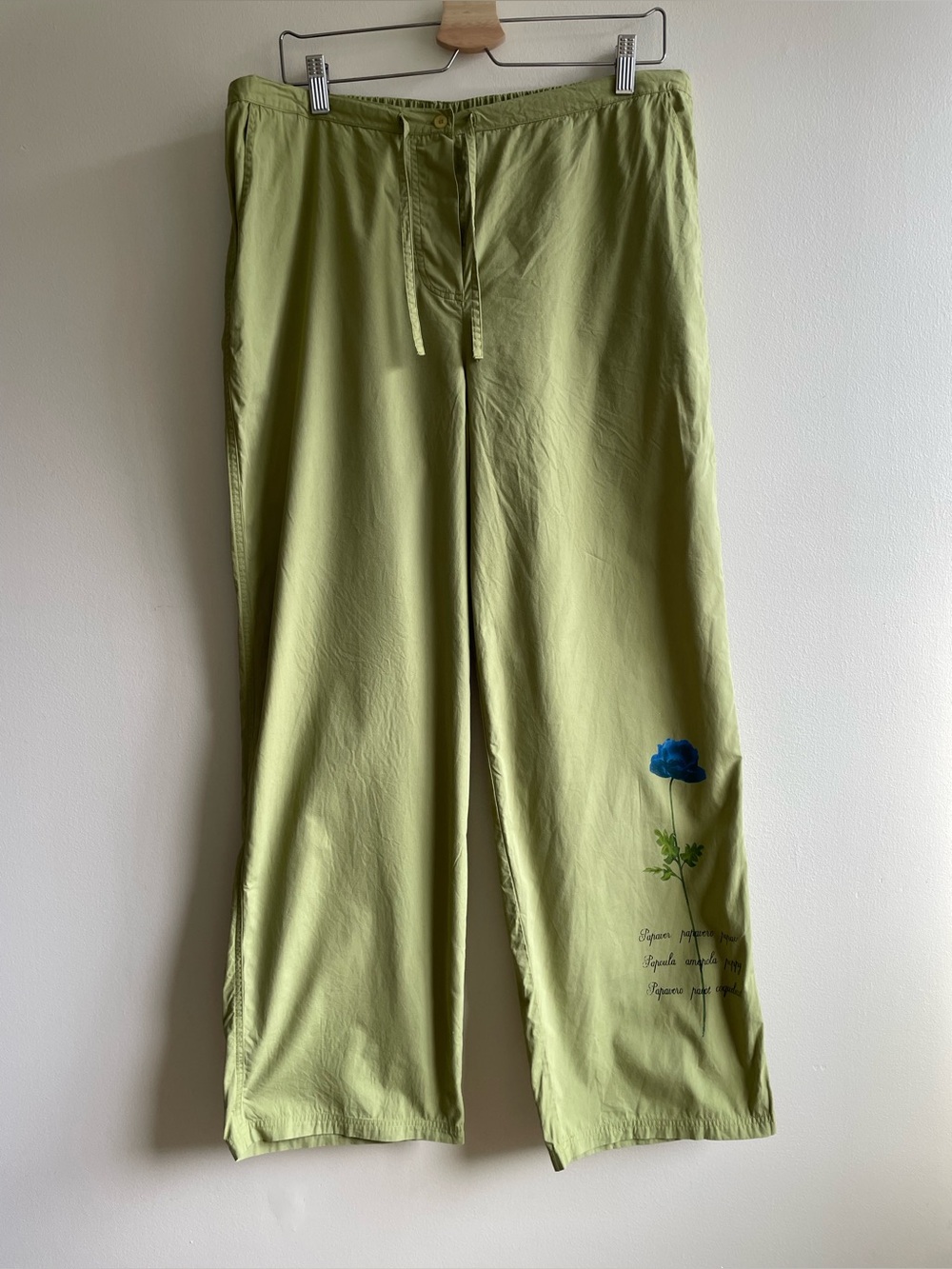La Guêpière Simons XL Olive Wide Leg Cotton Pants Poppy Graphic Button Fly